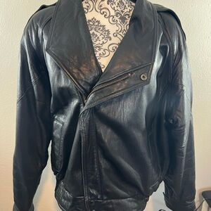 IOU Vintage Unisex Black Leather Moto Bomber Jacket Coat Sz M